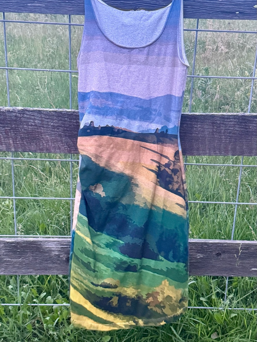THE KIT Landscape Print Ruched Tank Dress Small Scenic Art Print Stretch